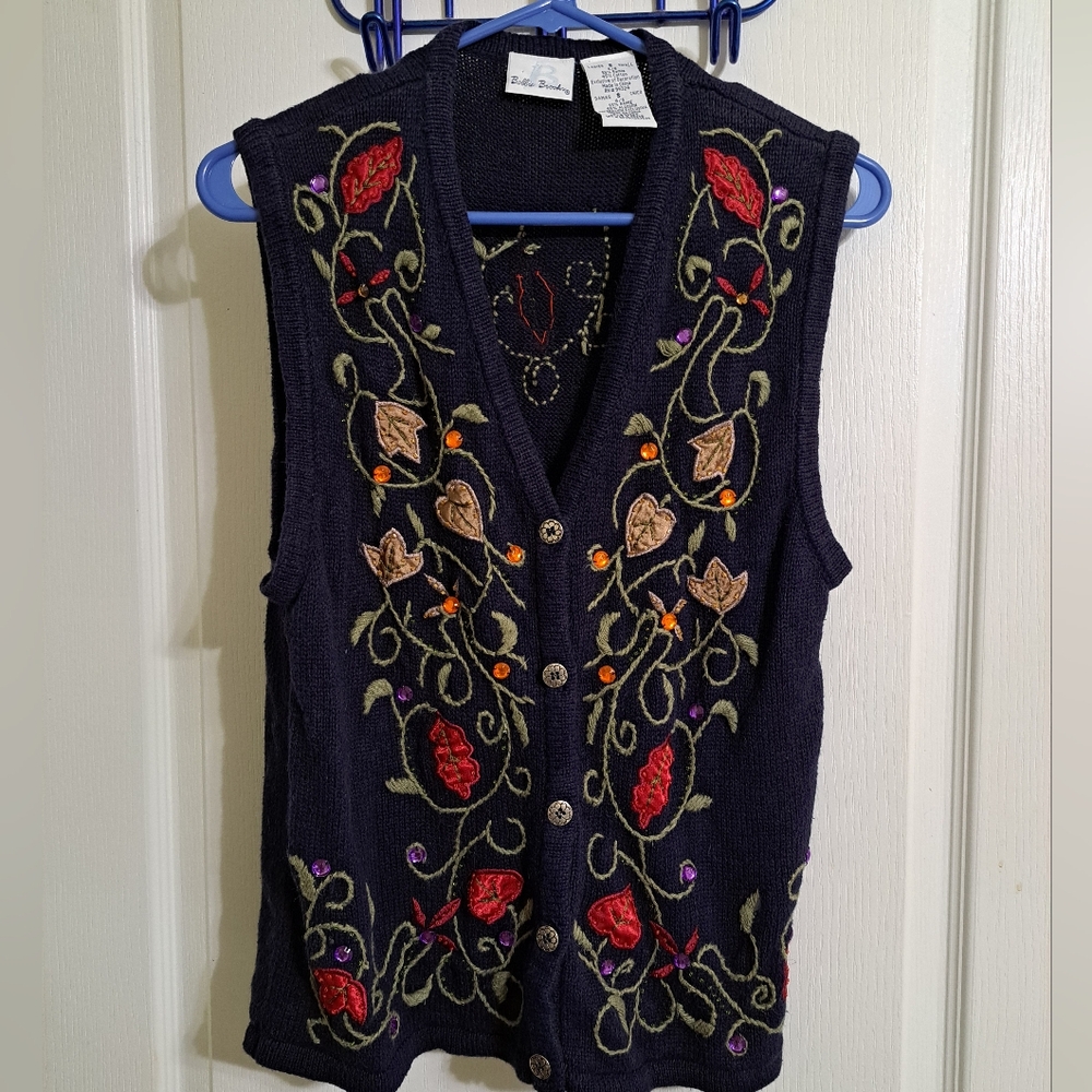 Vintage Bobbie Brooks Navy Blue Leaf Embroidered Sweater Knit Vest